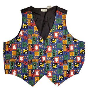 Halloween Patterned Vest Vintage 90s Orange Black Jack O Lantern Ghost Bats